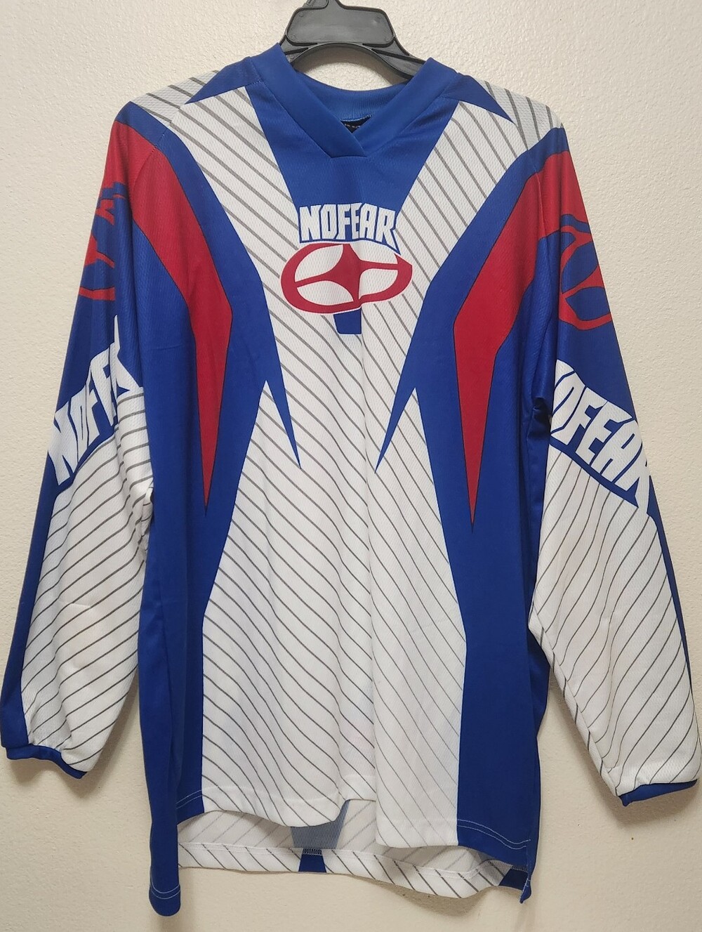 Vtg NO FEAR Elektron Patriot Spectrum MX Jersey NWT XL Blue White Red Y2K